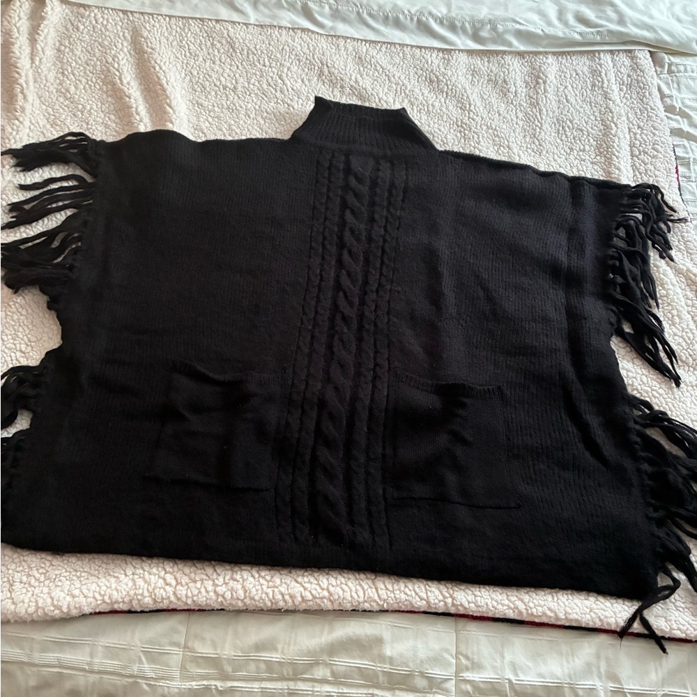 Fringed Black Knit Poncho with front pockets